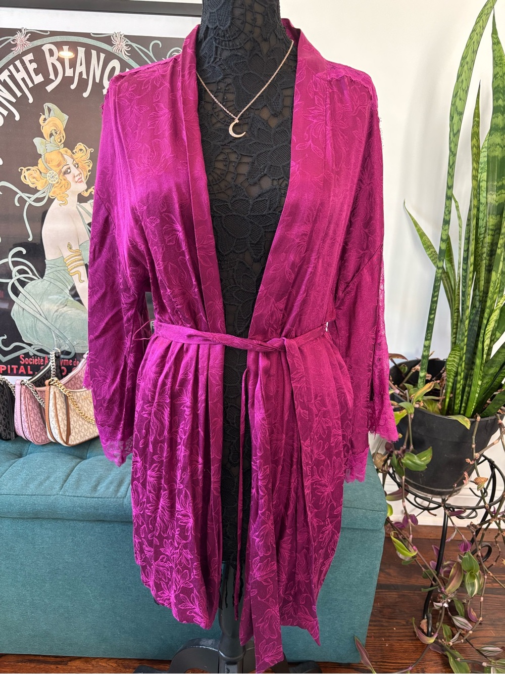 Victoria's Secret Deep Magenta Satin Lace Robe with Belt